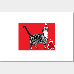 Santa Paws Tabby Cat Christmas Drawing Red Posters and Art